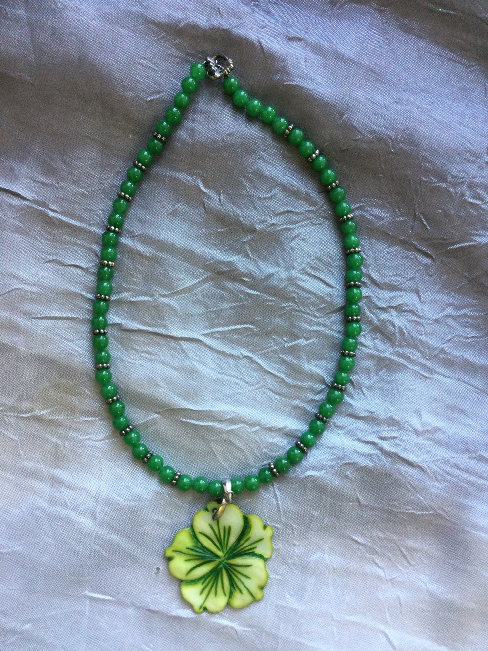 Green Beaded Necklace with Clover Pendant